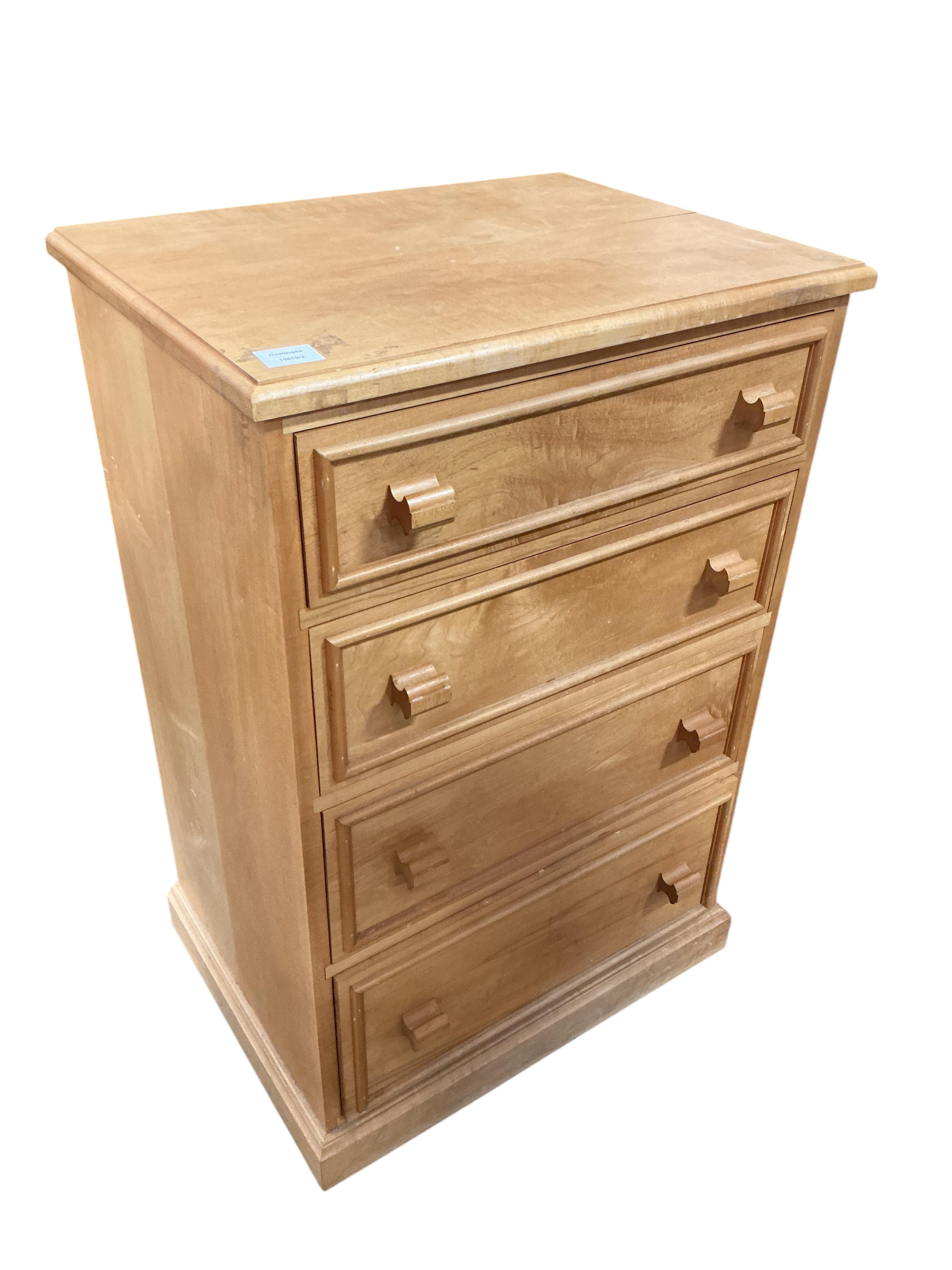 A Contemporary maple chest of five drawers, width 117cm, depth 46cm, height 92cm together with a maple narrow chest of drawers and a maple bedside cabinet